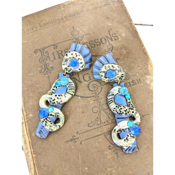 Vintage blue silver long jeweled clay long dangle clip on earrings - Picture 2 of 4